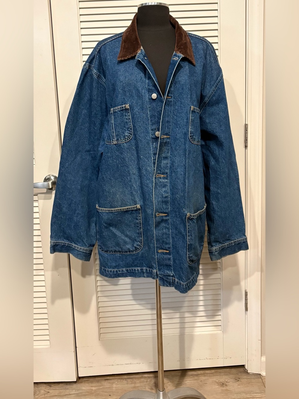 Faded Glory Dark Blue Denim Chore Jacket with Brown Corduroy Collar